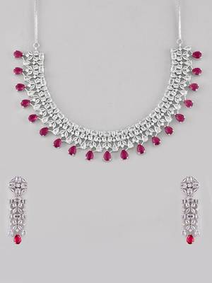 Silver-toned white & green cz stone-studded necklace set 3