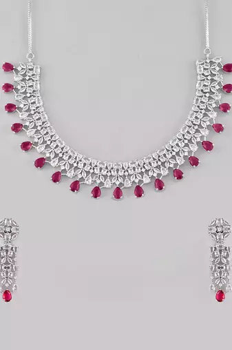Silver-toned white & green cz stone-studded necklace set