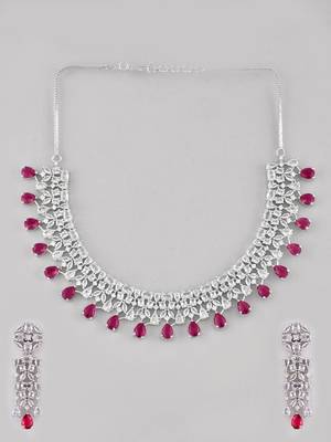 Silver-toned white & green cz stone-studded necklace set 4