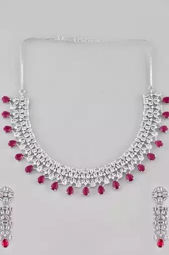 Silver-toned white & green cz stone-studded necklace set