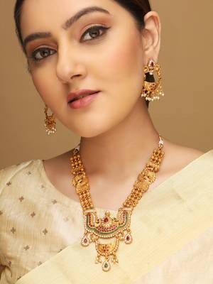 Gold-plated stone studded and beaded traditional jewellery set | goldplated jewelry set for women | festive jewelry set 1
