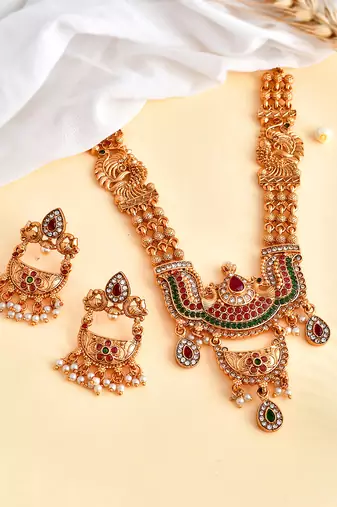 Gold-plated stone studded and beaded traditional jewellery set | goldplated jewelry set for women | festive jewelry set