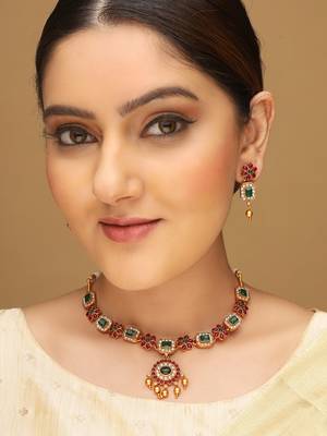 Gold-plated popular red green kemp stones jewellery set for women and girls | necklace set for women traditional 1