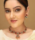 Gold-plated popular red green kemp stones jewellery set for women and girls | necklace set for women traditional