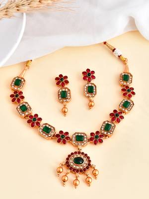 Gold-plated popular red green kemp stones jewellery set for women and girls | necklace set for women traditional 2
