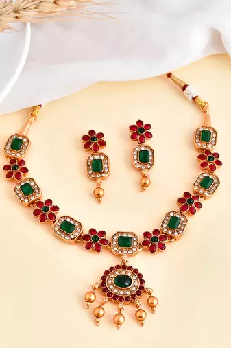 Gold-plated popular red green kemp stones jewellery set for women and girls | necklace set for women traditional