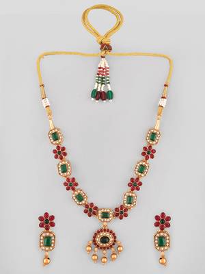 Gold-plated popular red green kemp stones jewellery set for women and girls | necklace set for women traditional 3