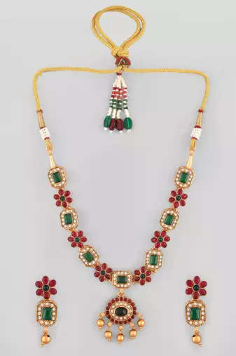 Gold-plated popular red green kemp stones jewellery set for women and girls | necklace set for women traditional