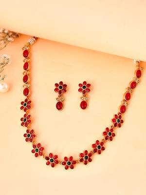 Gold-plated red kemp stones minimalistic  jewellery set | festive jewelry set for women |  minimal jewellery set 1