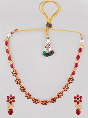 Gold-plated red kemp stones minimalistic  jewellery set | festive jewelry set for women |  minimal jewellery set 4
