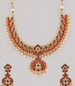 Gold-plated gorgeous  red green designed traditional jewellery set for women and girls | heavy necklace set for women