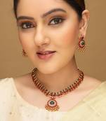 Gold-plated popular red green kemp stones jewellery set for women and girls |festive necklace set for women traditional