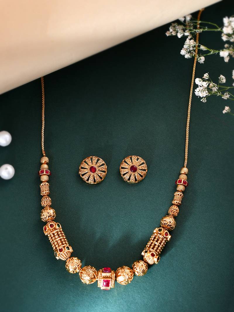 Gold-plated beaded ethnic jewellery set for women and girls | festive simple jewelry set |  minimal jewellery set women