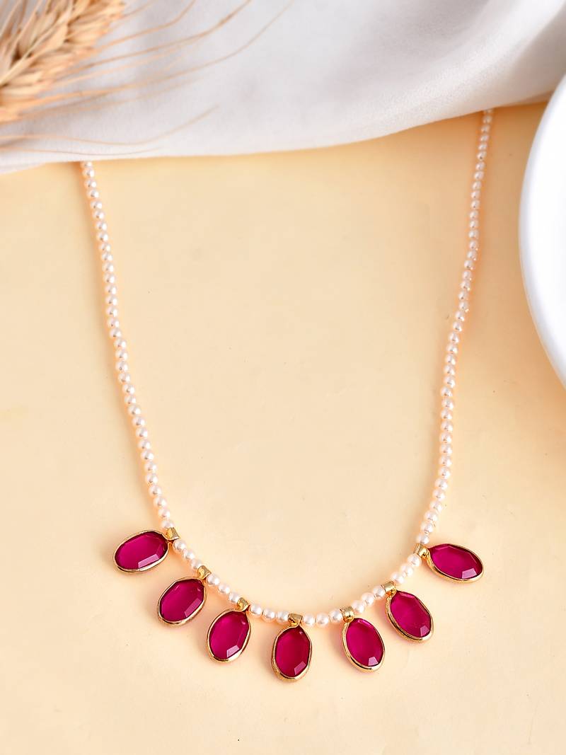 Gold-plated red kemp stones long necklace  for women and girls  | festive simple necklace |  minimal jewellery  women