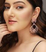 Rose gold-plated ad studded blue and white crystal contemporary chandbali earrings
