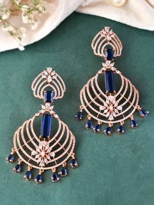 Rose gold-plated ad studded blue and white crystal contemporary chandbali earrings 2
