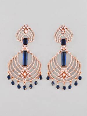 Rose gold-plated ad studded blue and white crystal contemporary chandbali earrings 3