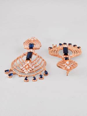 Rose gold-plated ad studded blue and white crystal contemporary chandbali earrings 4