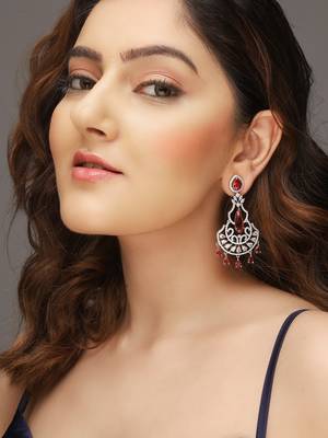 Silver-plated ad studded red and white crystal contemporary chandbali earrings 1
