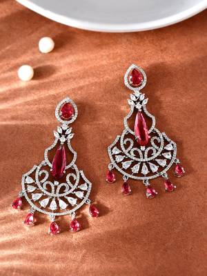 Silver-plated ad studded red and white crystal contemporary chandbali earrings 2