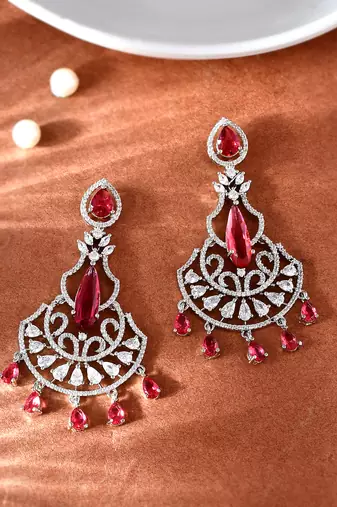 Silver-plated ad studded red and white crystal contemporary chandbali earrings