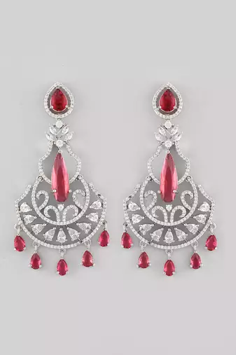 Silver-plated ad studded red and white crystal contemporary chandbali earrings