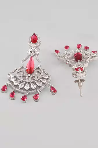Silver-plated ad studded red and white crystal contemporary chandbali earrings