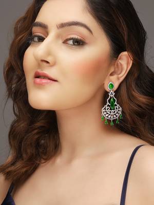 Silver-plated ad studded green and white crystal contemporary chandbali earrings 1