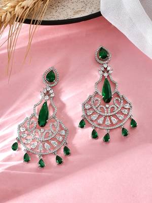 Silver-plated ad studded green and white crystal contemporary chandbali earrings 2