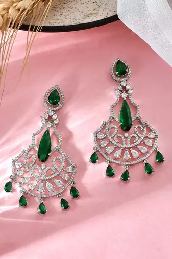 Silver-plated ad studded green and white crystal contemporary chandbali earrings