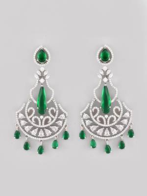 Silver-plated ad studded green and white crystal contemporary chandbali earrings 3