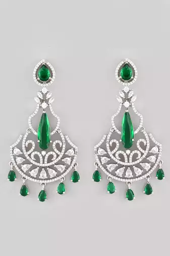 Silver-plated ad studded green and white crystal contemporary chandbali earrings