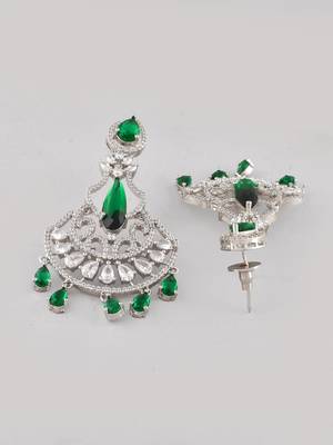 Silver-plated ad studded green and white crystal contemporary chandbali earrings 4