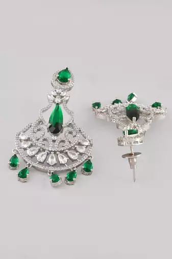 Silver-plated ad studded green and white crystal contemporary chandbali earrings