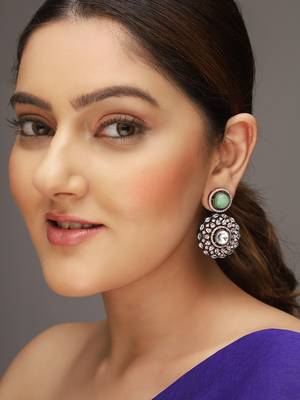 Silver-plated polki & ad studded circular green and white drop earrings 1