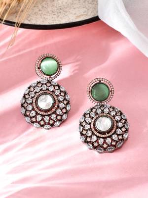 Silver-plated polki & ad studded circular green and white drop earrings 2