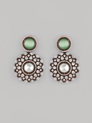 Silver-plated polki & ad studded circular green and white drop earrings 3