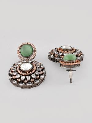 Silver-plated polki & ad studded circular green and white drop earrings 4