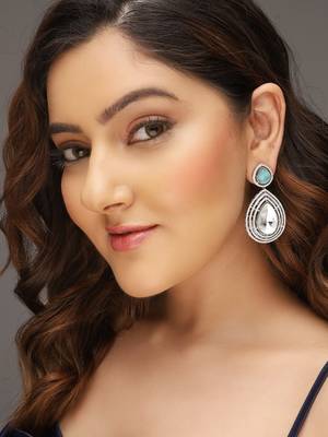 Silver-plated polki & ad studded teardrop sea-blue and white drop earrings 1
