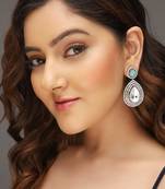 Silver-plated polki & ad studded teardrop sea-blue and white drop earrings