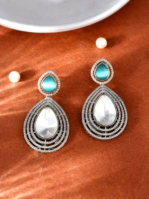 Silver-plated polki & ad studded teardrop sea-blue and white drop earrings 2