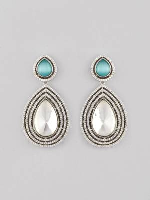 Silver-plated polki & ad studded teardrop sea-blue and white drop earrings 3