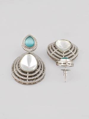 Silver-plated polki & ad studded teardrop sea-blue and white drop earrings 4