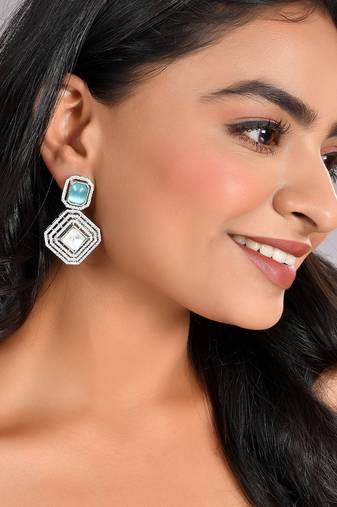Silver-plated polki & ad studded teardrop sea-blue and white drop earrings