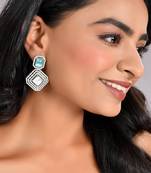 Silver-plated polki & ad studded teardrop sea-blue and white drop earrings