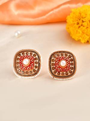 Gold-plated white beaded square meenakari red studs earrings | traditional stud earrings for women and girls 1