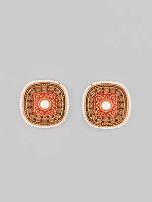 Gold-plated white beaded square meenakari red studs earrings | traditional stud earrings for women and girls 2