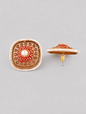 Gold-plated white beaded square meenakari red studs earrings | traditional stud earrings for women and girls 3
