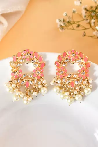 Pink enamel stud earrings copper gold plated for women & girls | traditional earrings women| gold plated earrings