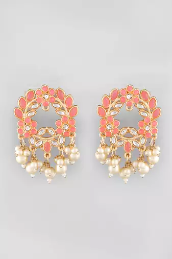 Pink enamel stud earrings copper gold plated for women & girls | traditional earrings women| gold plated earrings